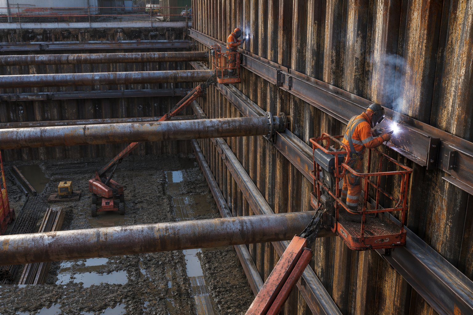 Install walings, props and anchors as the dig descends — Sheet piling, step 4
