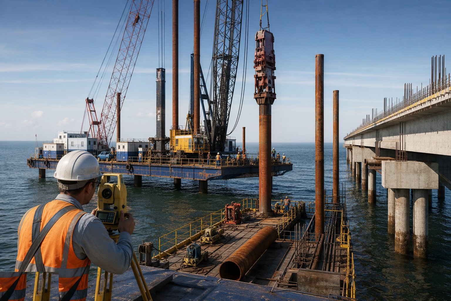 Set up the piling platform and position control — Marine Piling & Jetty Construction, step 1
