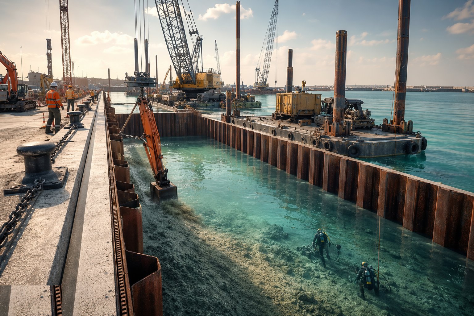 Dredge the berth pocket and prepare the foundation bed — Quay Walls & Berth Construction, step 1