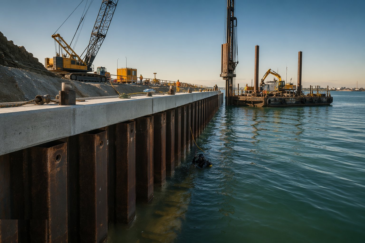 Build or drive the wall line — Quay Walls & Berth Construction, step 2