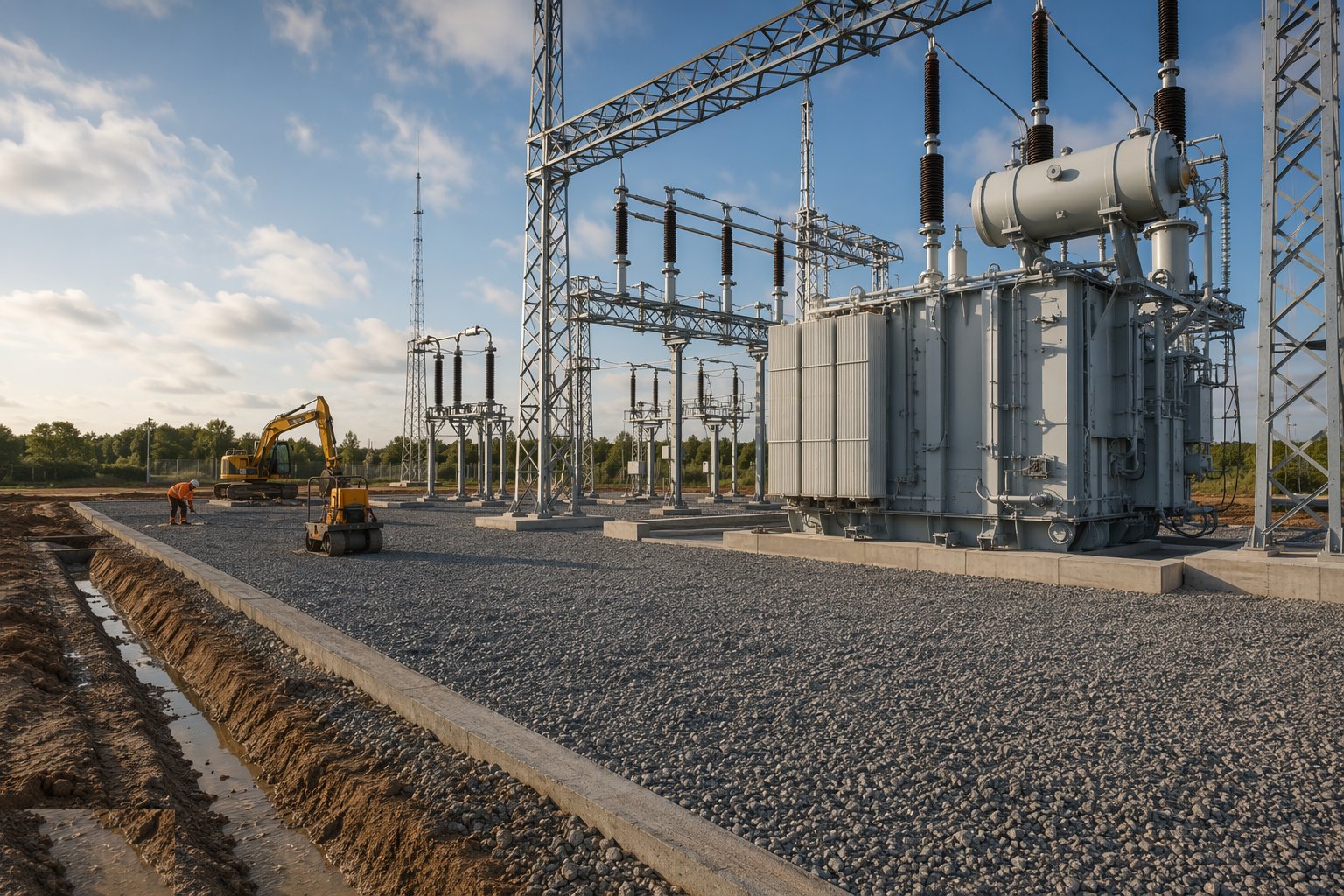 Establish the site, drainage and compound platform — Substation Construction, step 1