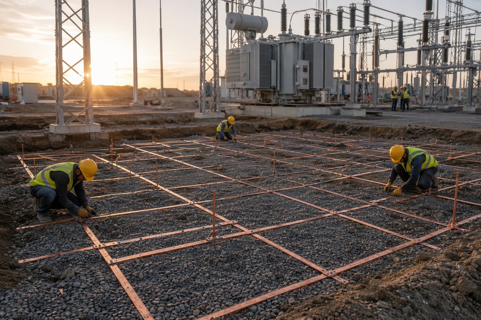 Install the earthing grid before anything is buried — Substation Construction, step 2