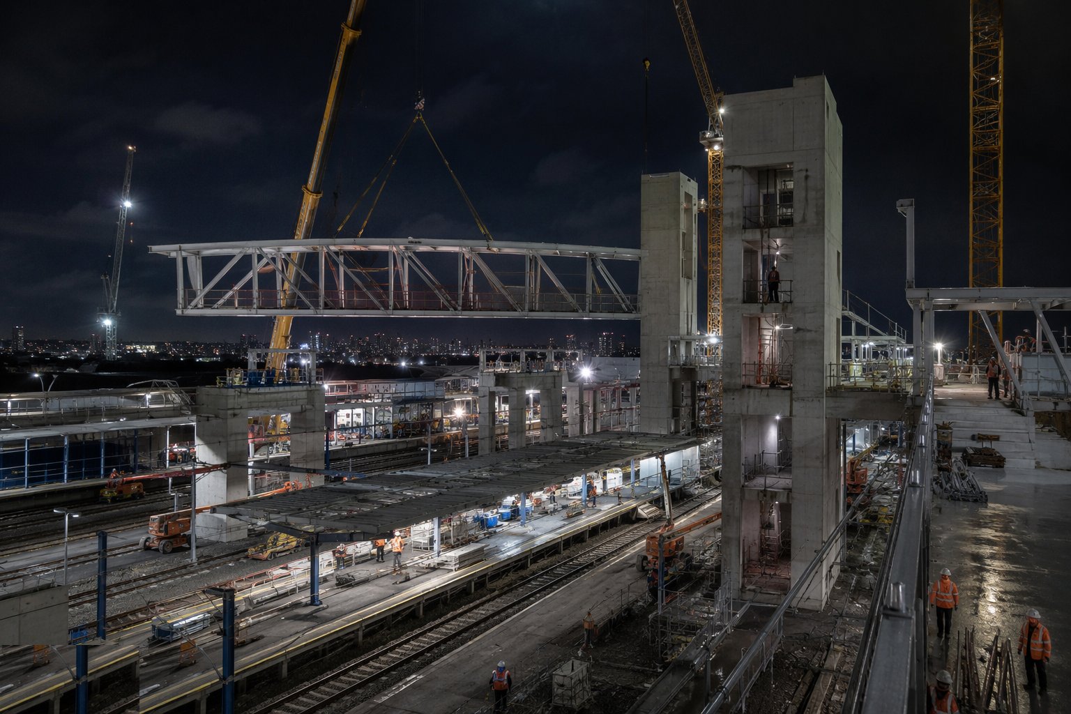 Erect canopies, footbridges and vertical circulation — Station Construction, step 3