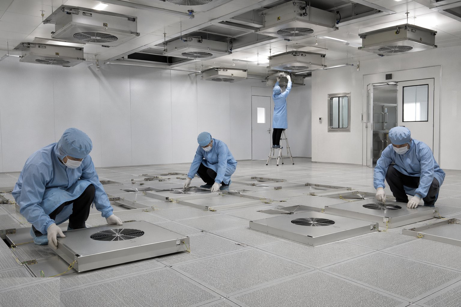 Lay the floor and install the FFUs/HEPA terminals — Cleanroom Construction, step 4
