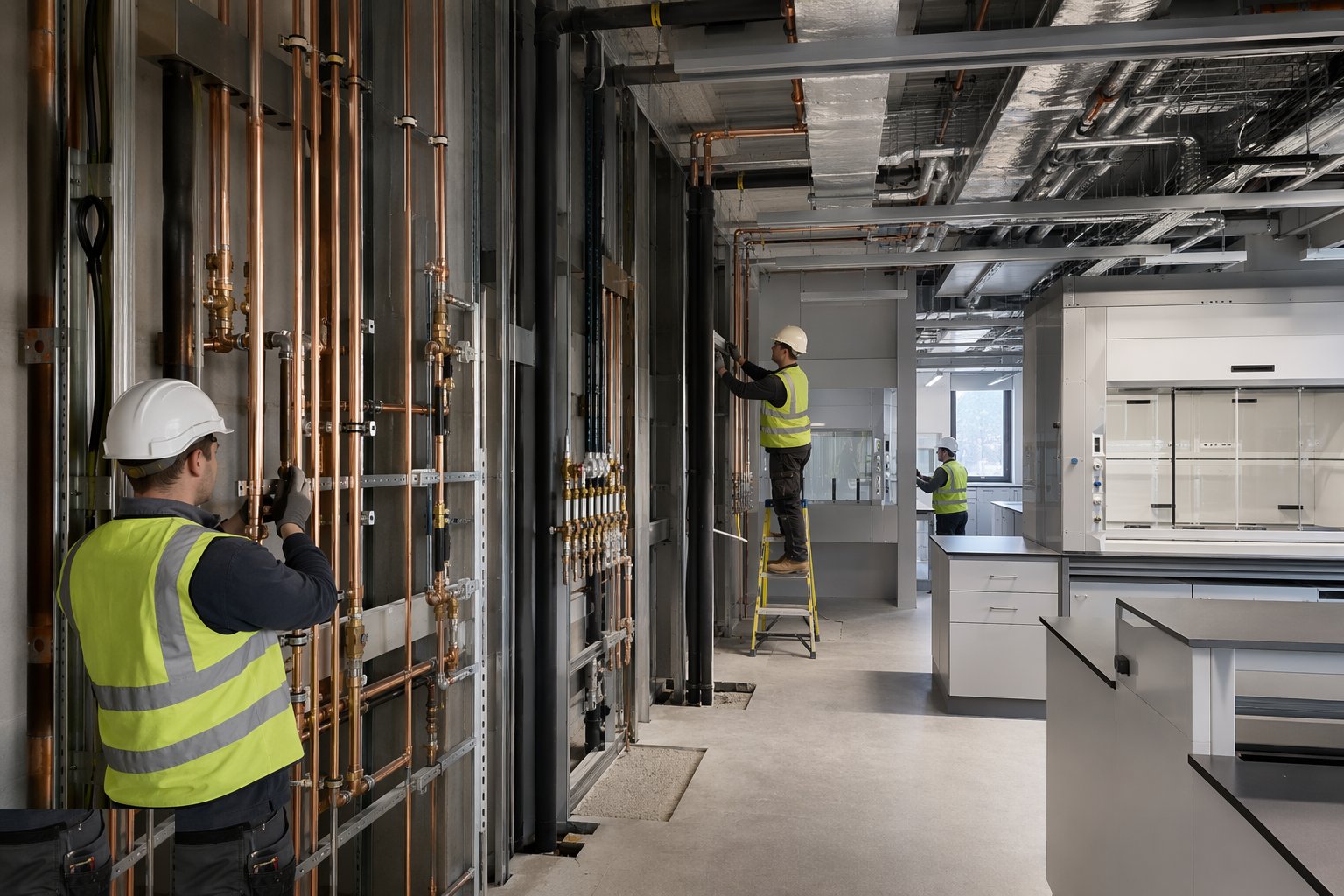 Install risers, spines and first-fix distribution — Laboratory Construction, step 2