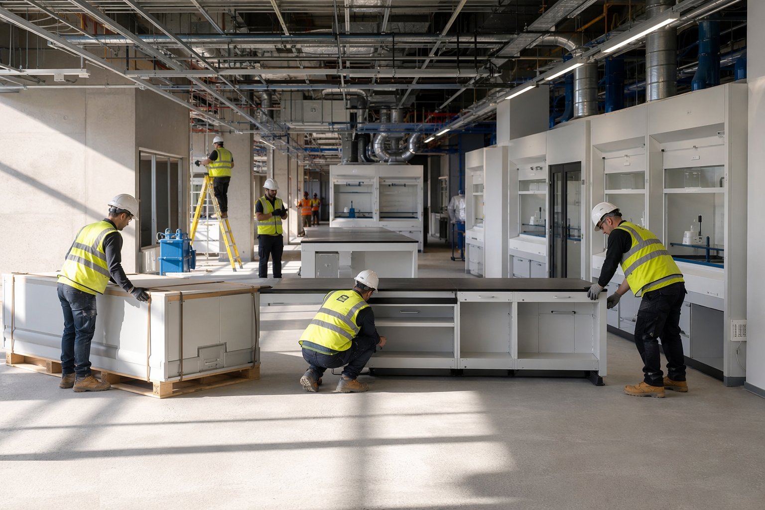 Install benching, services wings and second fix — Laboratory Construction, step 5