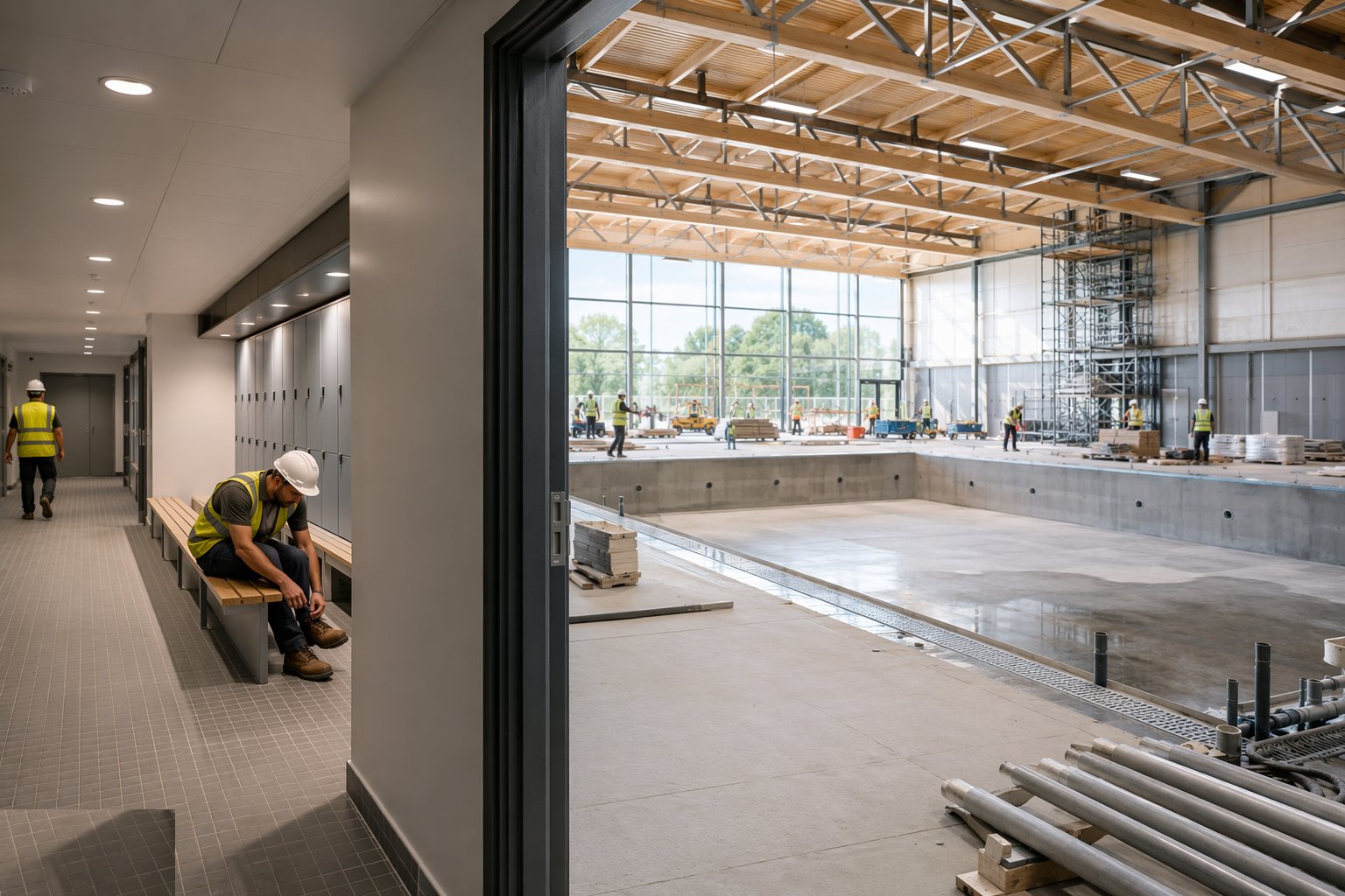 Fit out the changing village and wet-side finishes — Leisure Centres & Swimming Pools, step 7