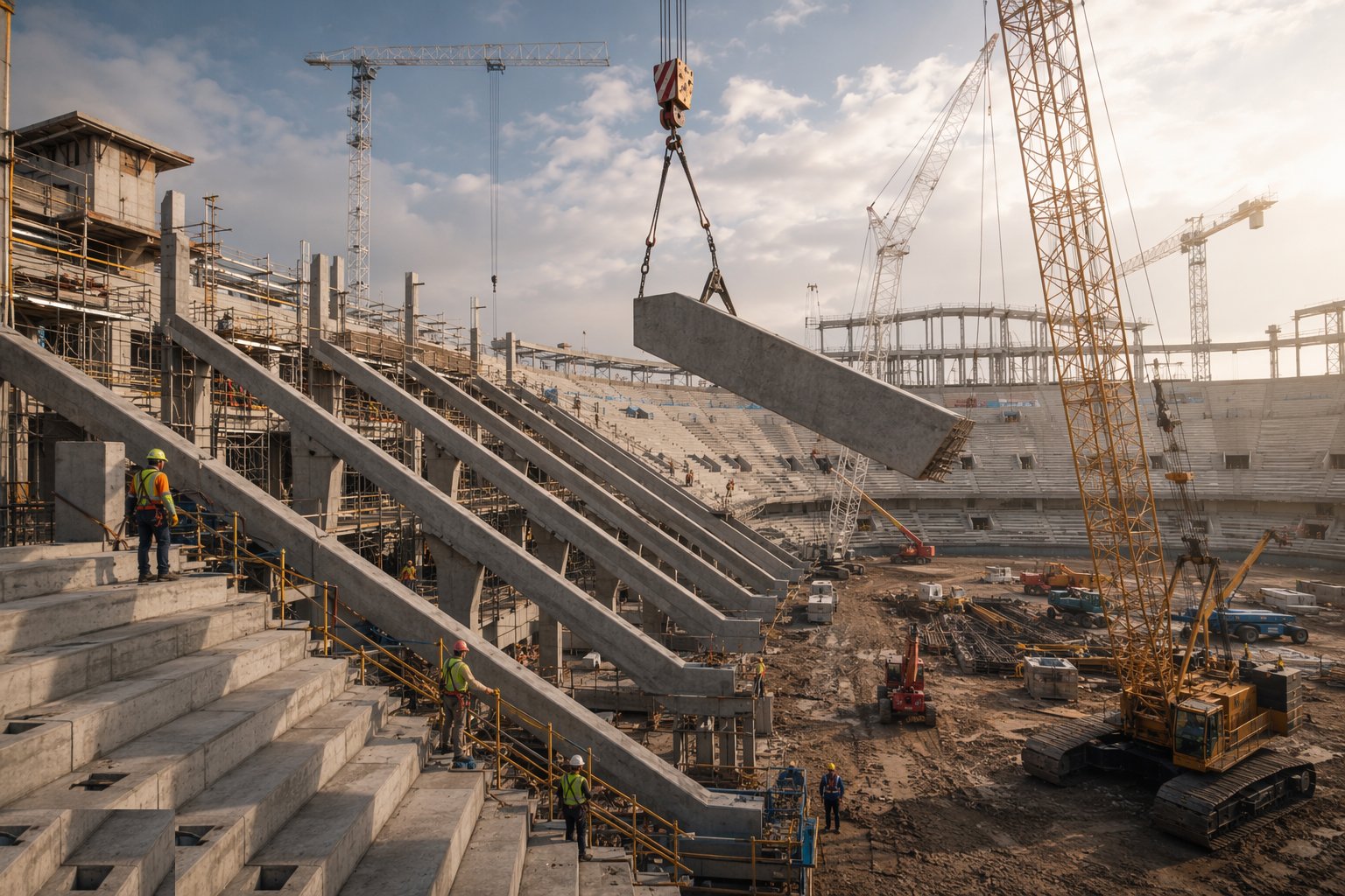 Erect the bowl frame and raker beams — Stadium Construction, step 2