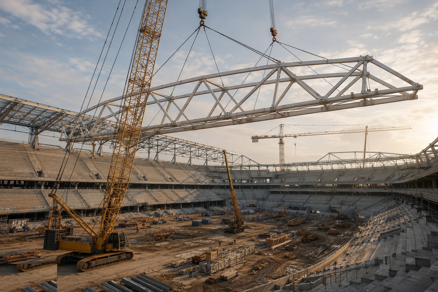 Make the big lifts — cranes or strand jacks — Stadium Construction, step 6
