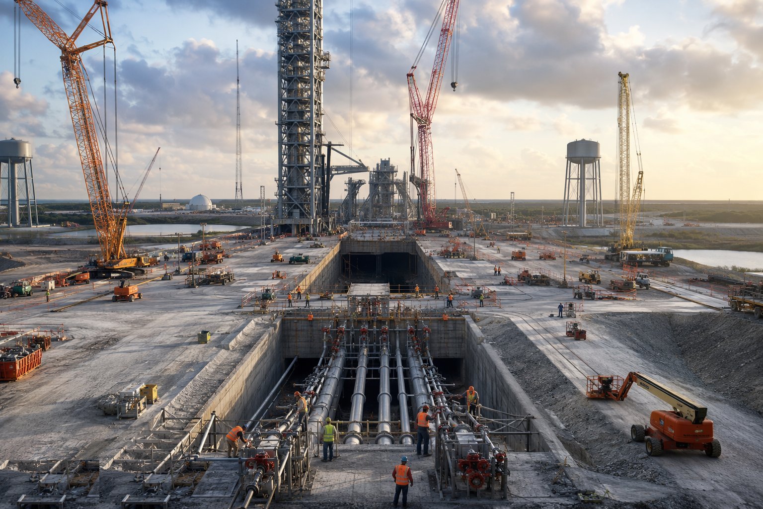 Install the deluge and water suppression system — Launch Facility & Pad Construction, step 3