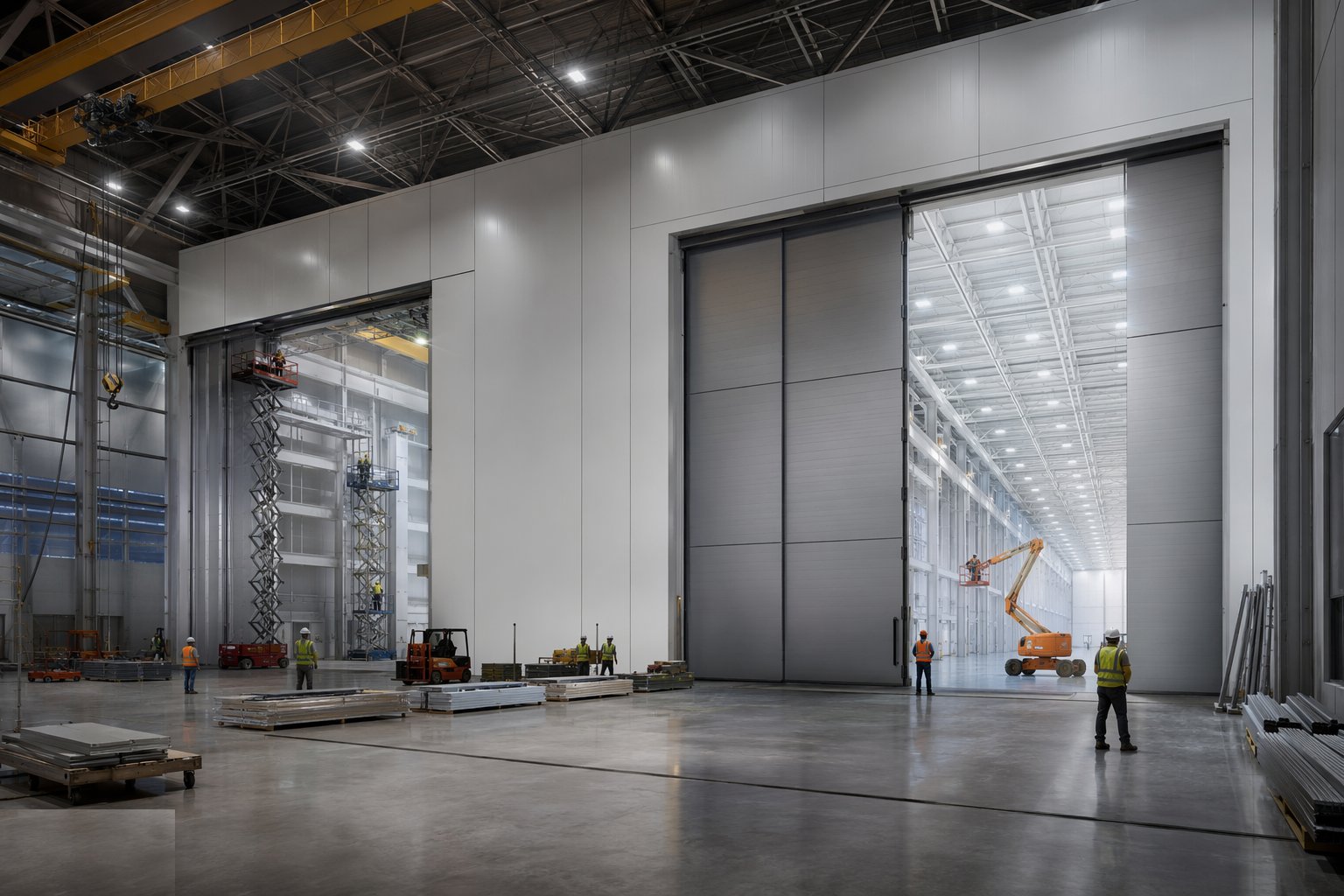 Build the cleanroom envelope at hall scale — Satellite Assembly & Integration Facilities, step 2