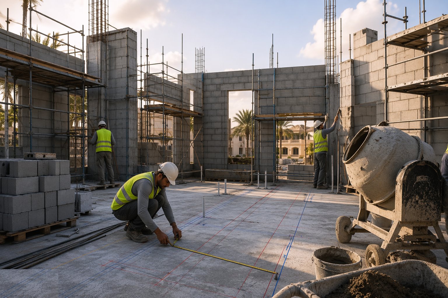 Set out the walls and coursing — Block Wall Construction, step 1