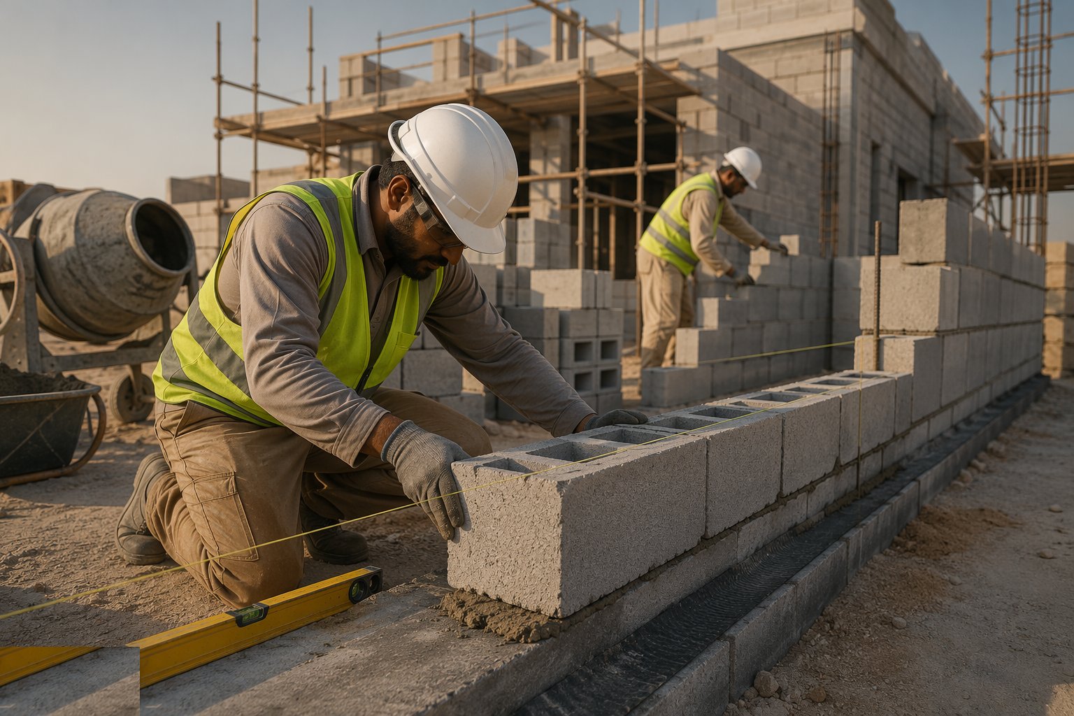 Lay the first course plumb and true — Block Wall Construction, step 2