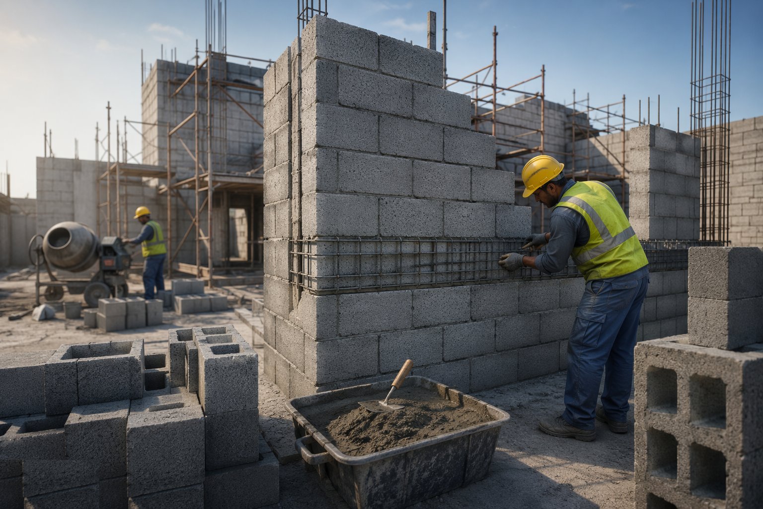 Run the courses with joint reinforcement where specified — Block Wall Construction, step 3