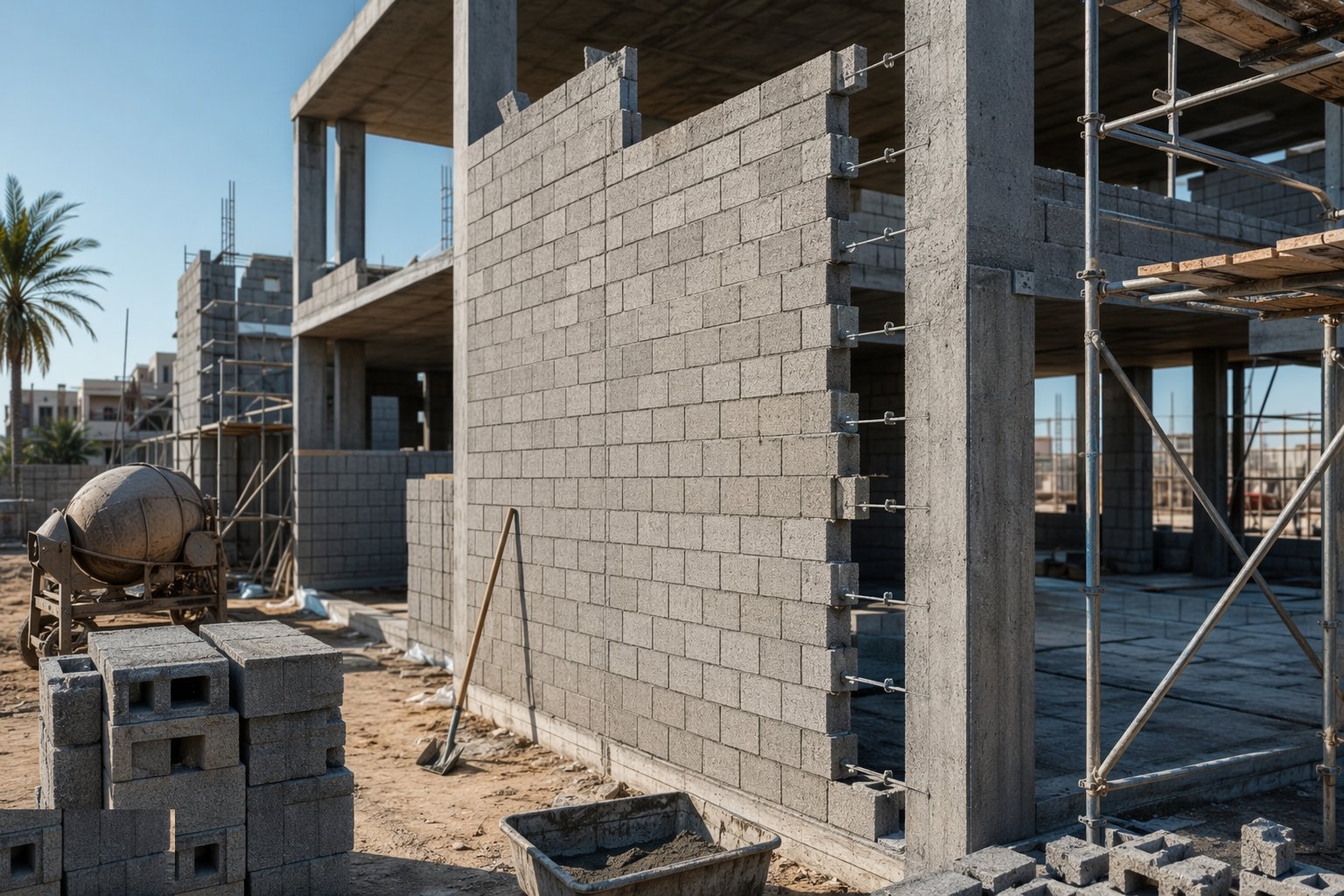 Tie in — frames, floors and intersecting walls — Block Wall Construction, step 6