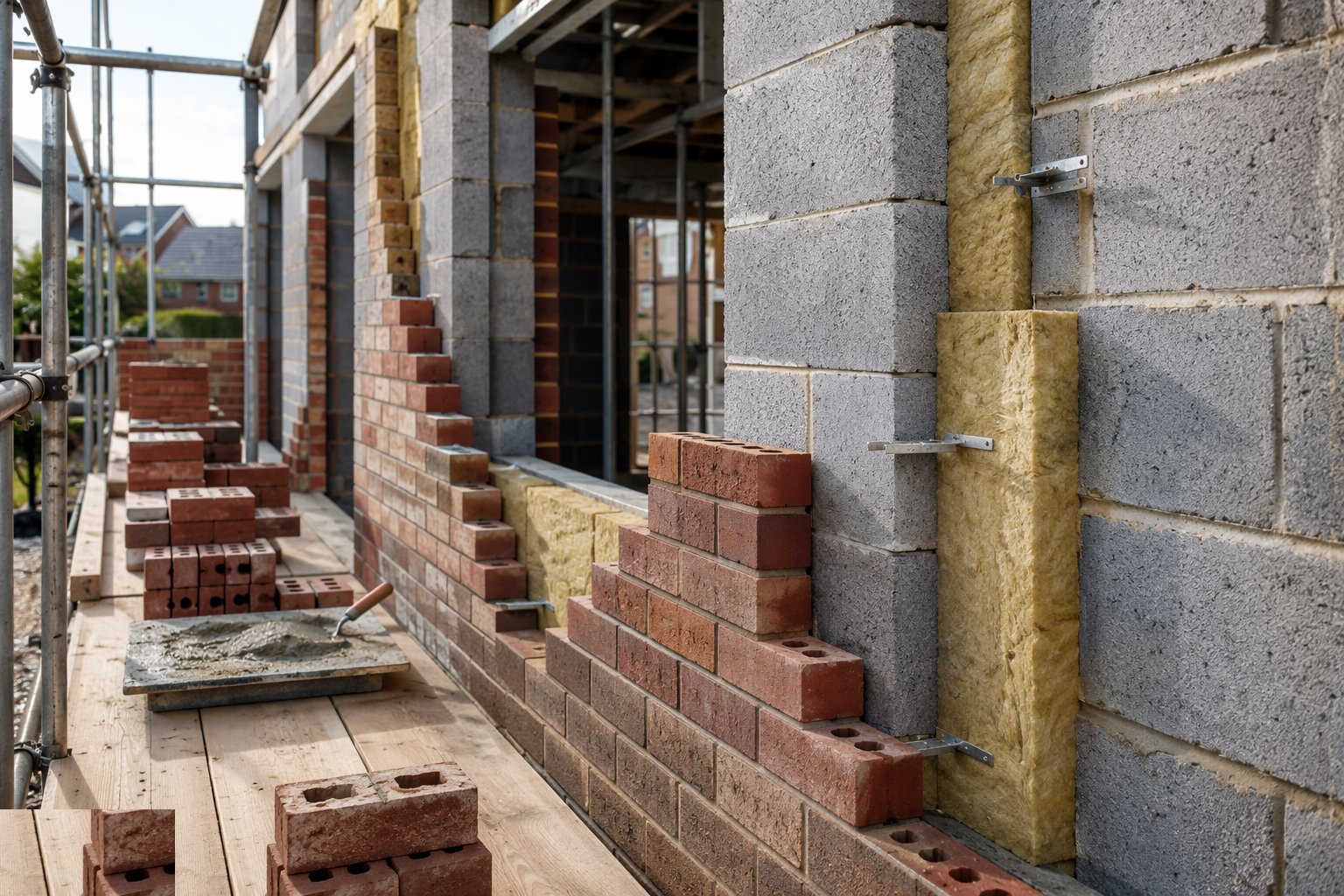 Install wall ties, insulation and cavity control — Brick Wall Construction, step 4