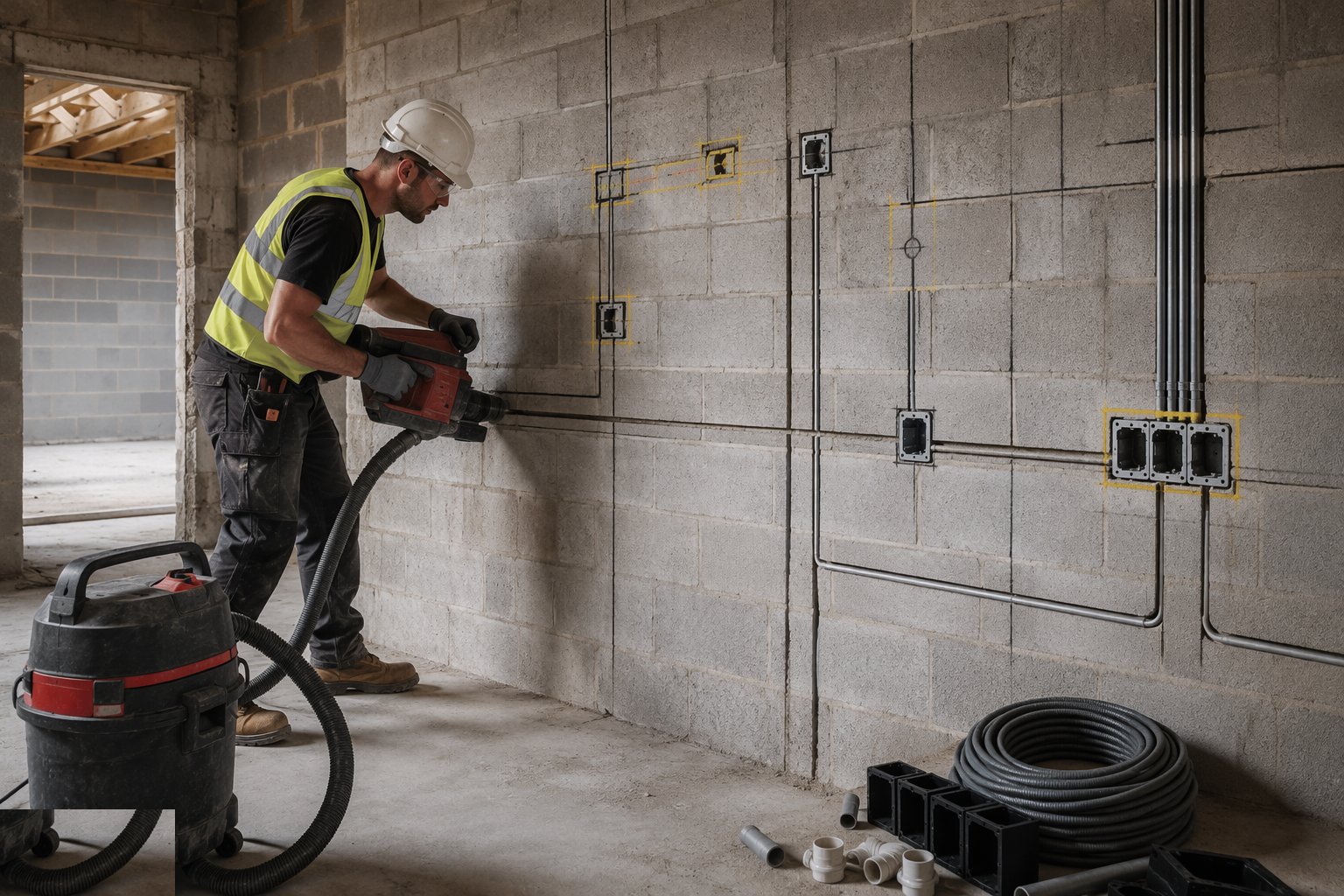 Confirm the routes on the wall before cutting — Chasing & First-Fix Cutting for Services, step 1