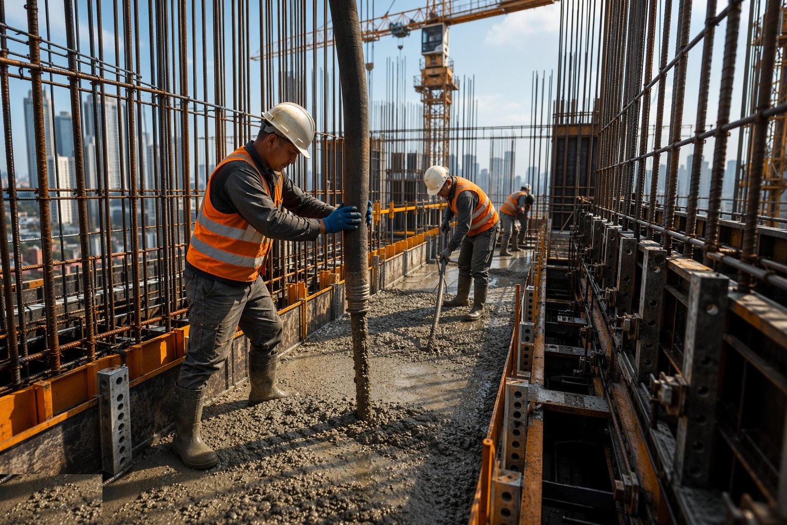 Pour in controlled lifts and vibrate — Concrete Structural Walls, step 5