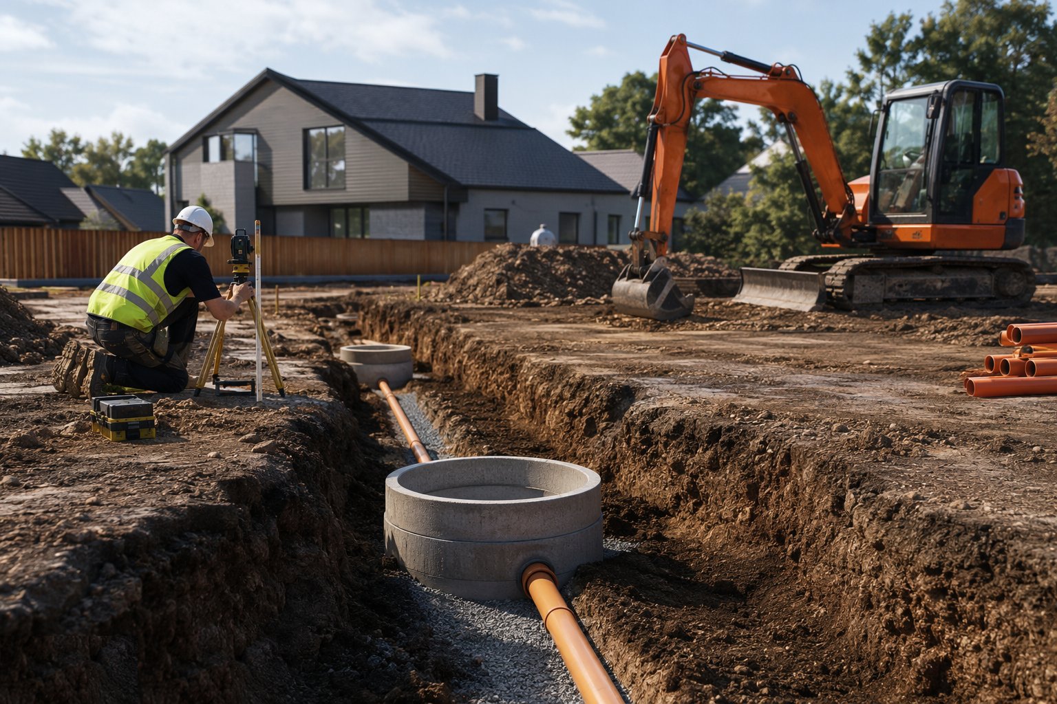Set out lines, levels and connection points — Below-Ground Drainage Installation, step 1