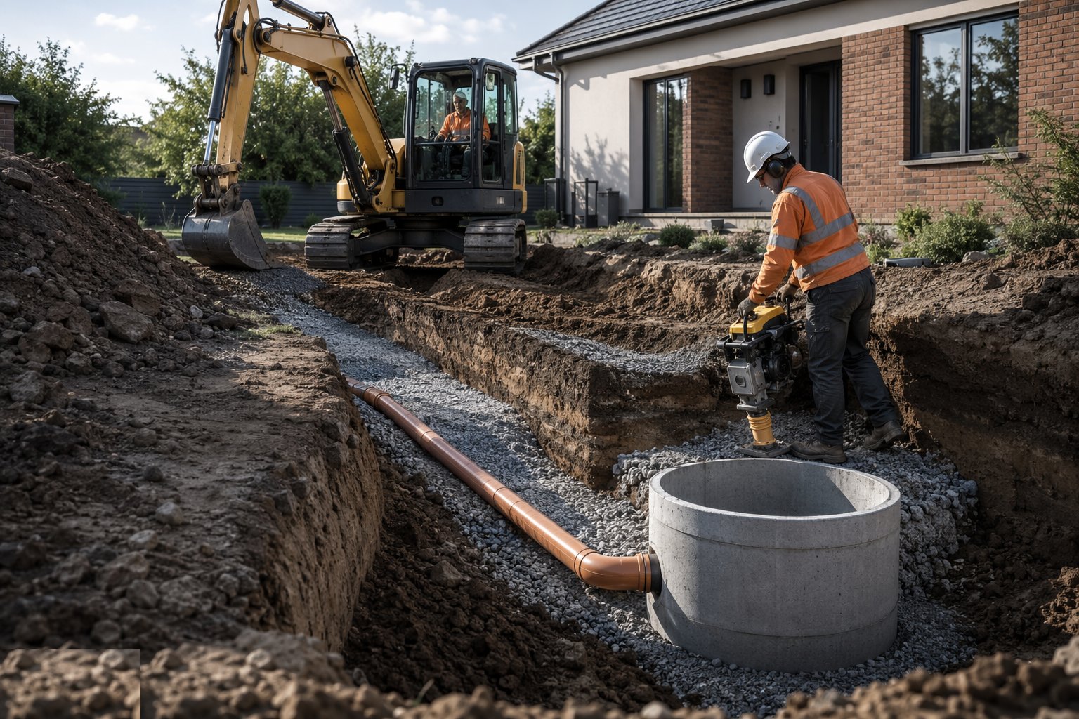 Backfill and compact in layers — Below-Ground Drainage Installation, step 7