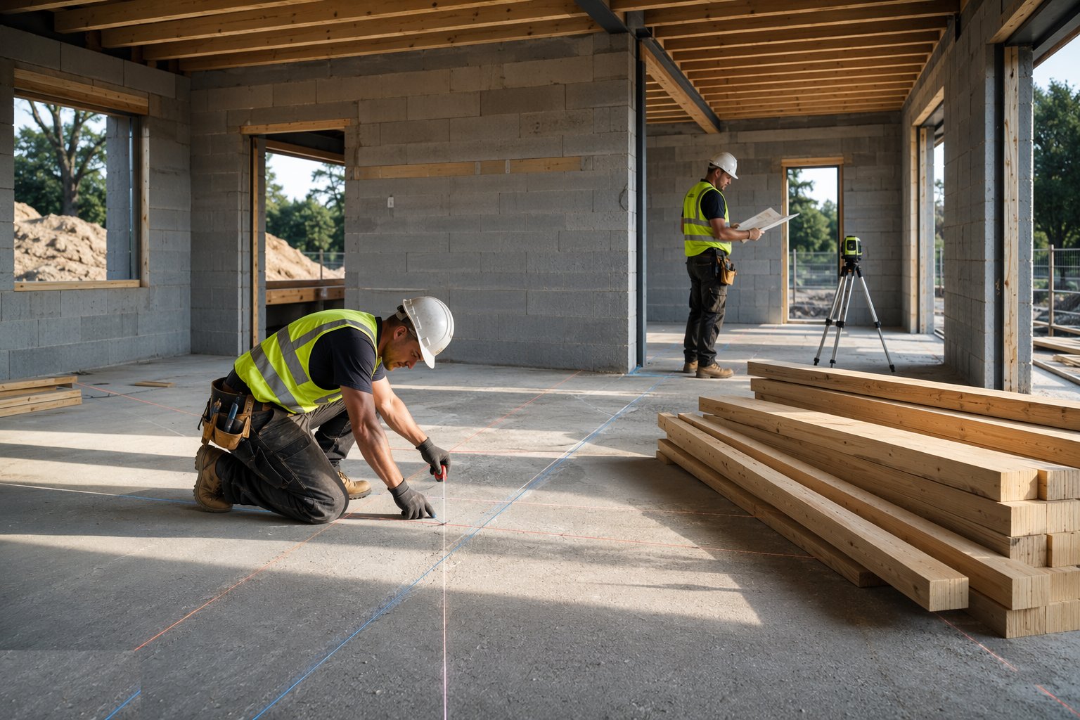 Set out partitions, openings and joist layout — Carpentry — First & Second Fix, step 1