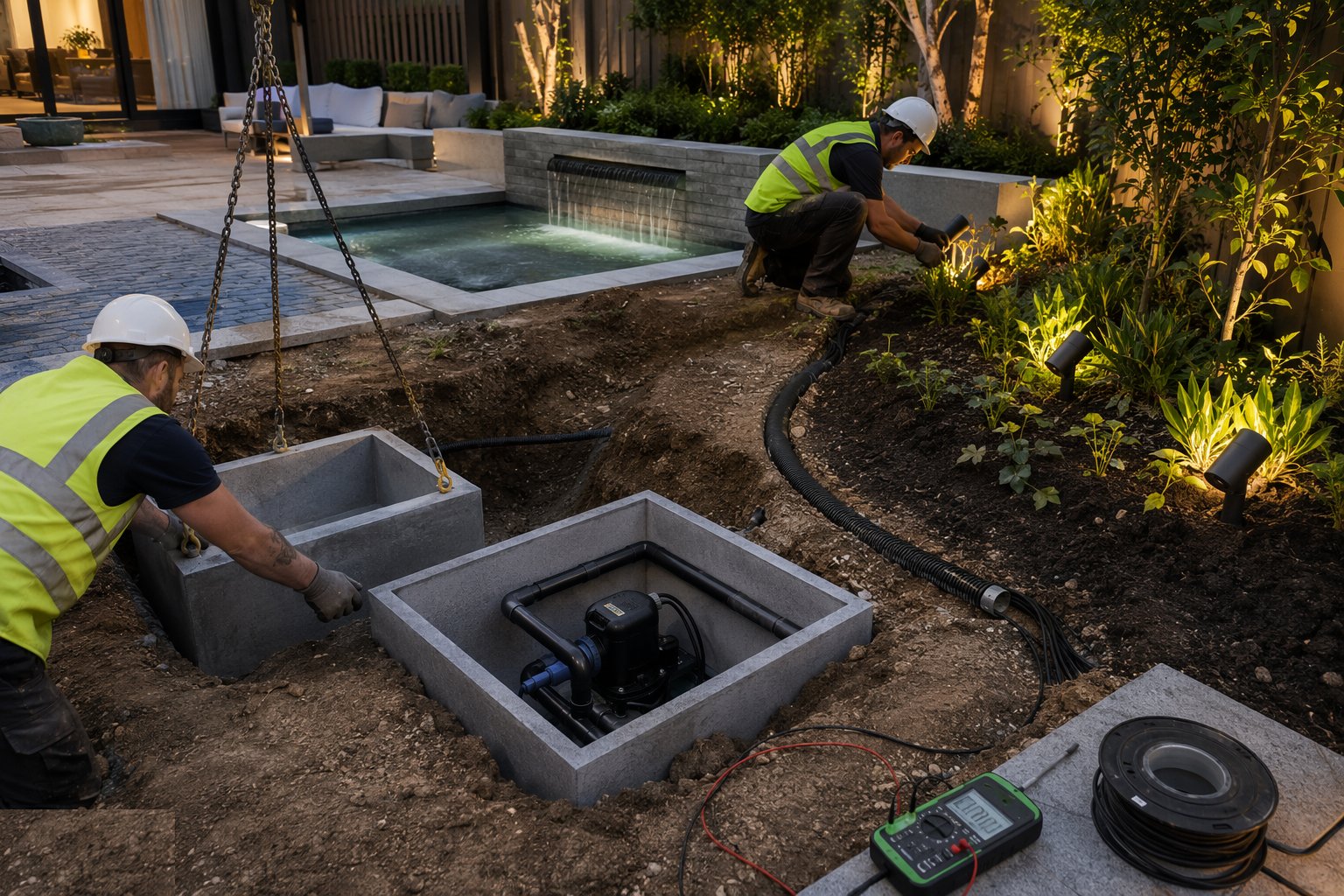 Water features and garden lighting — first-fix coordination — Soft Landscaping & Gardens (Homes & Villas), step 7