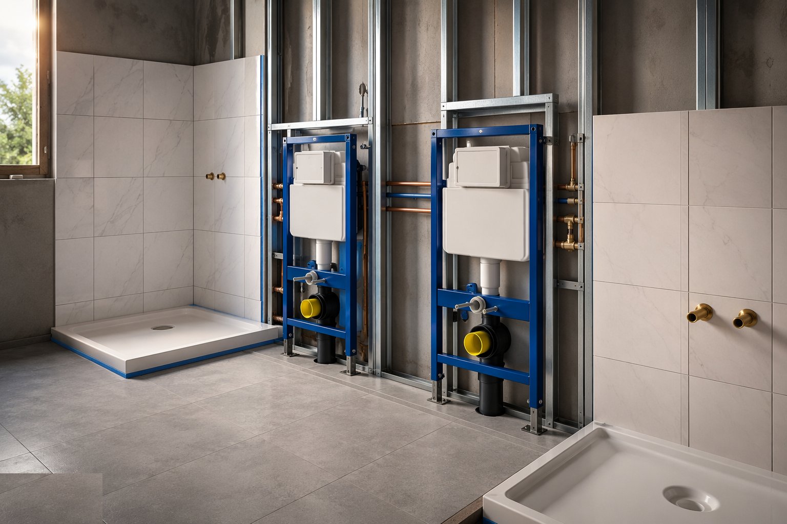 Install frames, cisterns and shower trays — Sanitary Installation, step 2