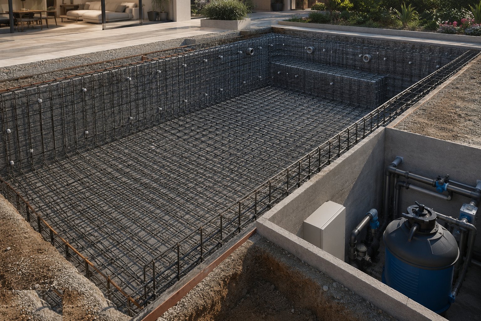 Form the base and the cage — Private Swimming Pool Construction, step 2