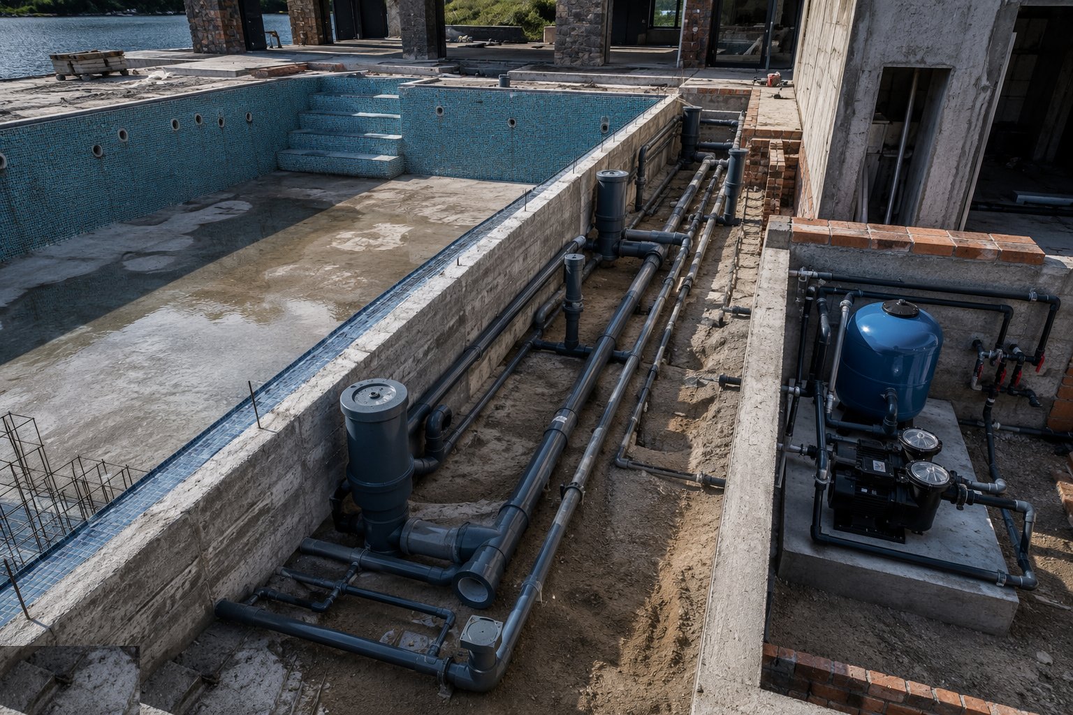 Install the hydraulic pipework and plant base — Private Swimming Pool Construction, step 4