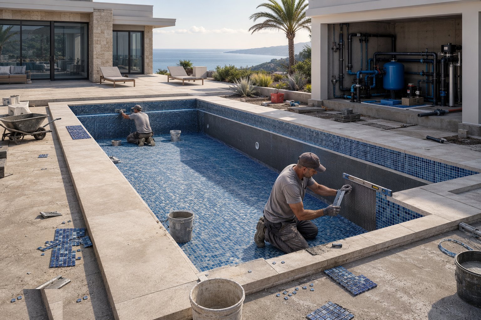 Set the finishes — mosaic, coping and deck — Private Swimming Pool Construction, step 6
