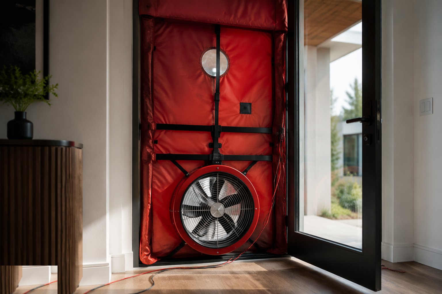 Install the blower door — Air tightness testing, step 3
