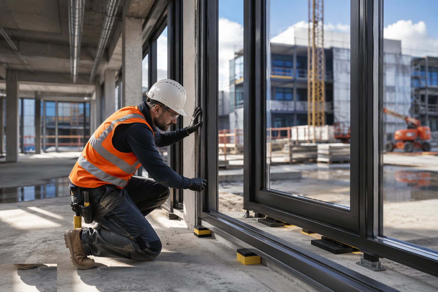 Set the frame true and fix to the system schedule — Aluminium systems, step 3