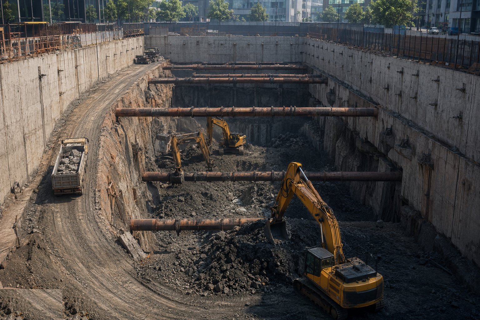 Dig in designed stages with props on time — Basement / deep excavation, step 4