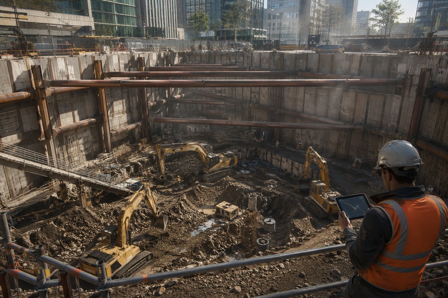 Monitor, build, and check flotation before switch-off — Basement / deep excavation, step 6