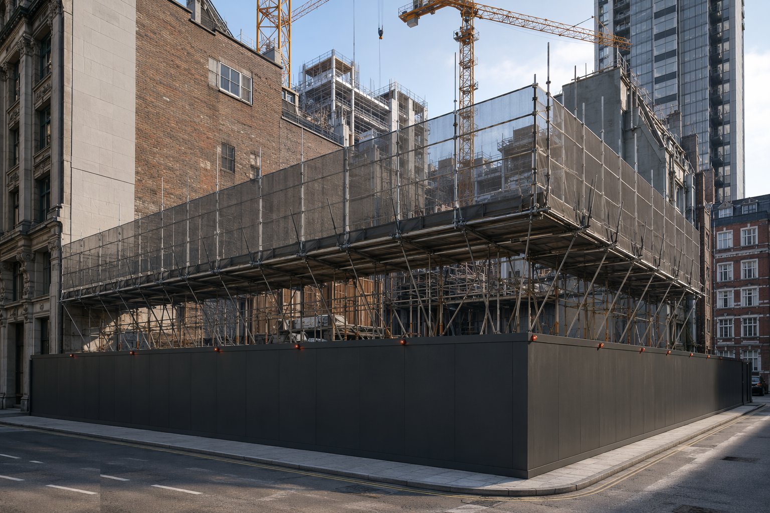 Erect hoarding, protection and scaffolding fans — Brownfield / urban set-up, step 3