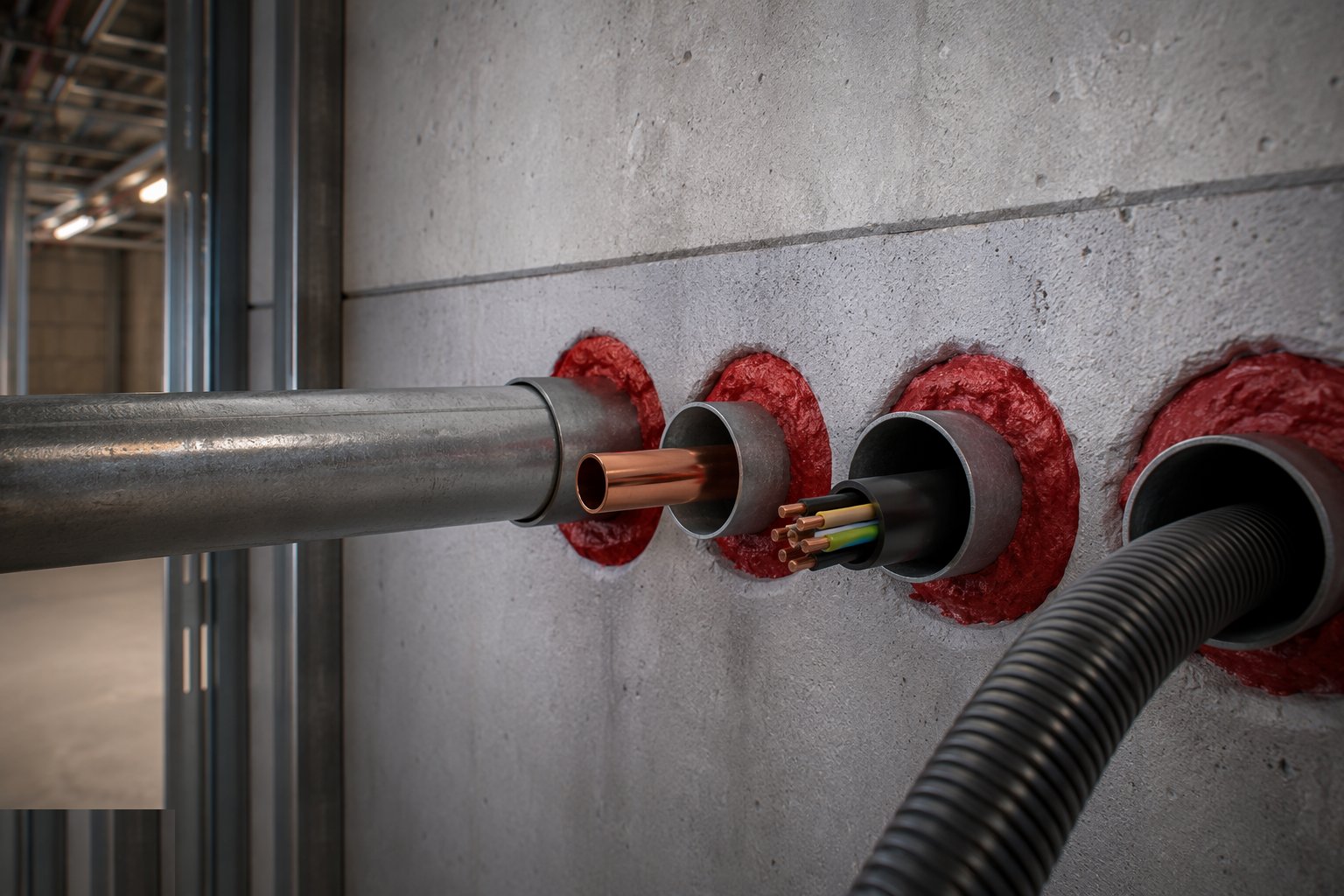 Sleeve and fire-stop as services pass — Builderswork and fire stopping, step 3