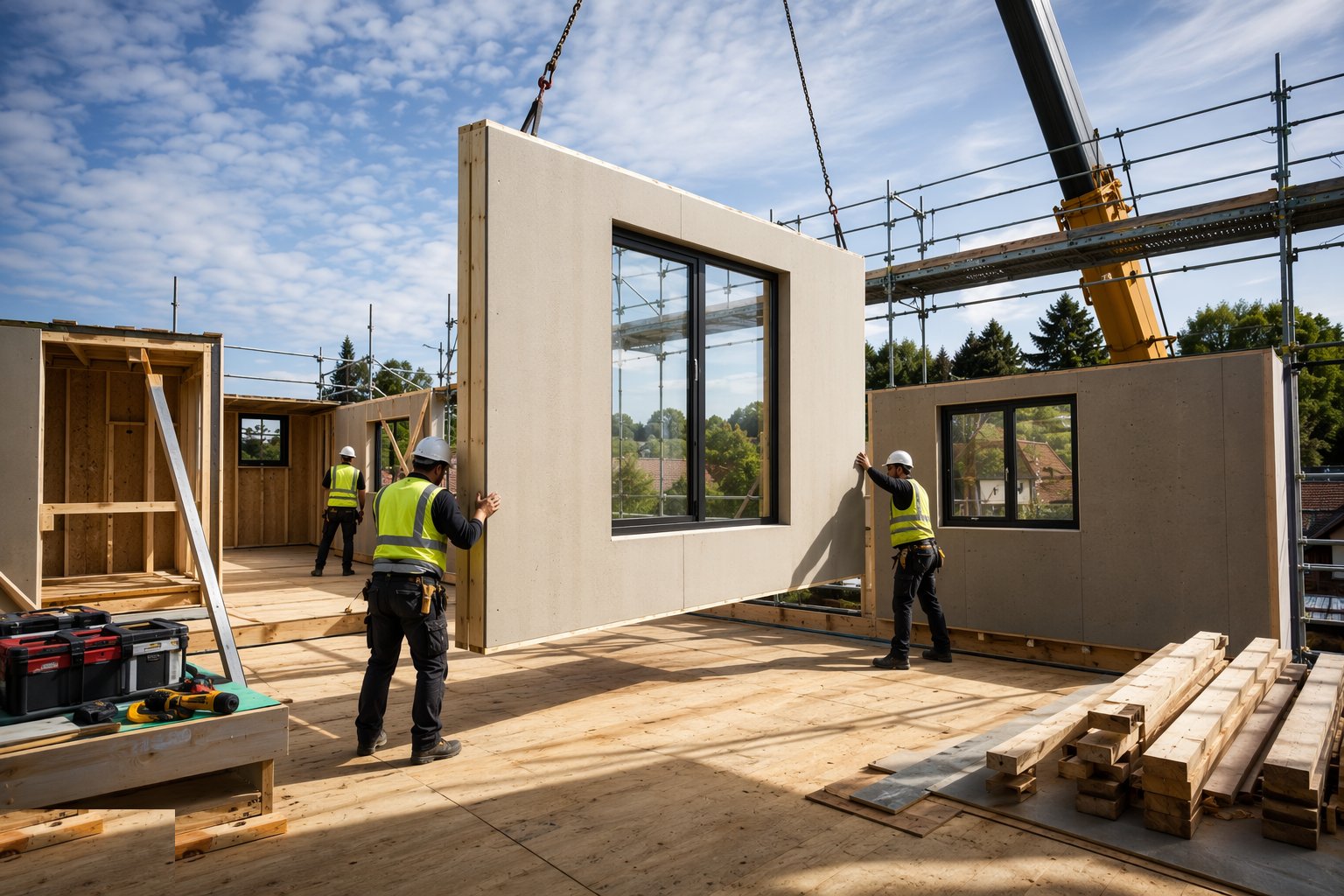 Lift, plumb and fix each panel — Closed-panel timber frame, step 3