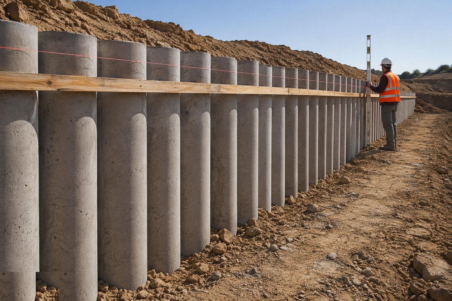 Build the guide wall and set the line — Contiguous pile walls, step 1