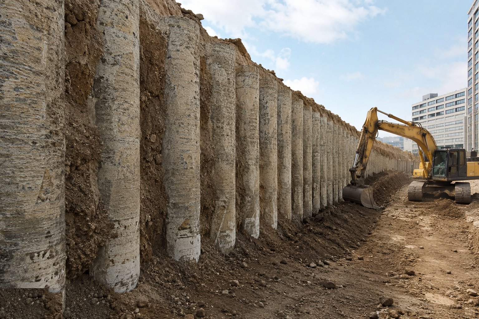 Excavate in front in controlled stages — Contiguous pile walls, step 3
