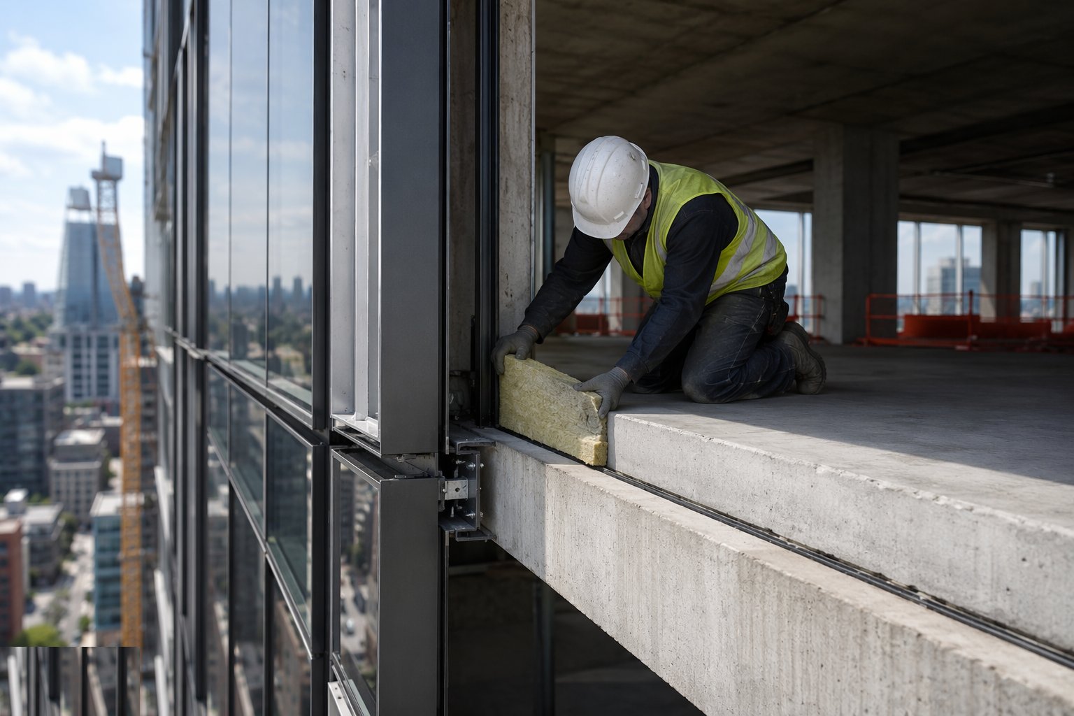 Fire-stop the slab edge at every floor — Curtain walling: unitised and stick, step 5