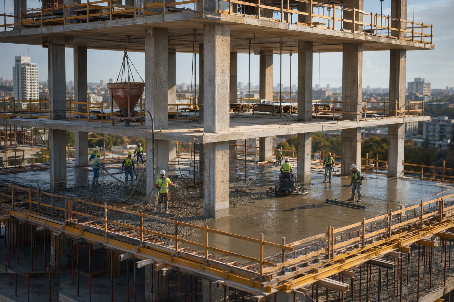 Pour, screed and cure — Flat slab frames, step 5