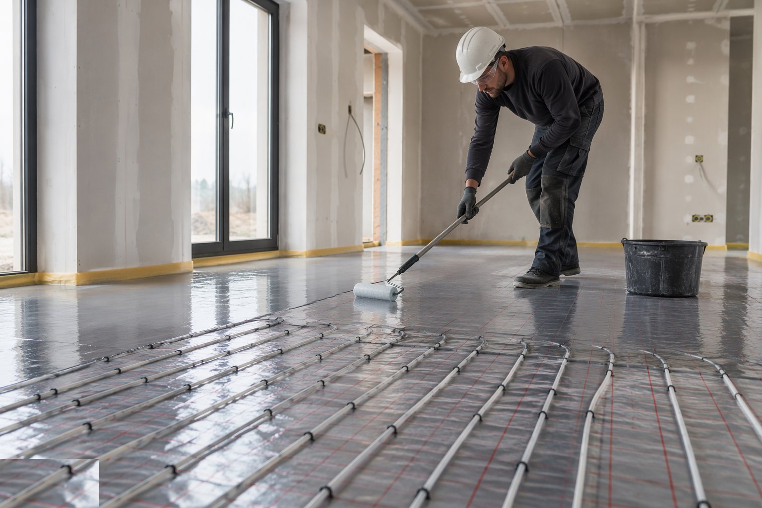 Seal and prepare the substrate — Flowing (anhydrite/cement) screed, step 1