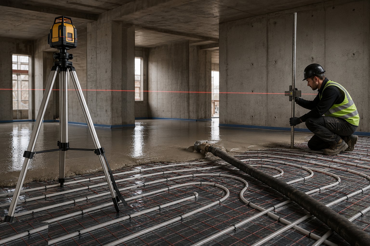 Set the level tripods or rails — Flowing (anhydrite/cement) screed, step 2