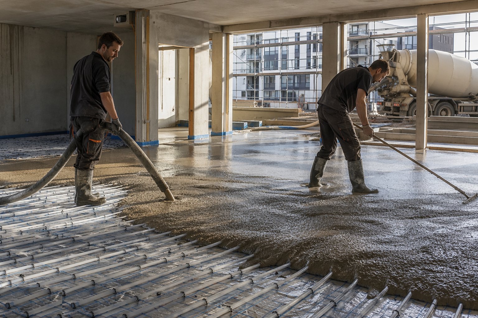 Pump continuously and dapple the surface — Flowing (anhydrite/cement) screed, step 3