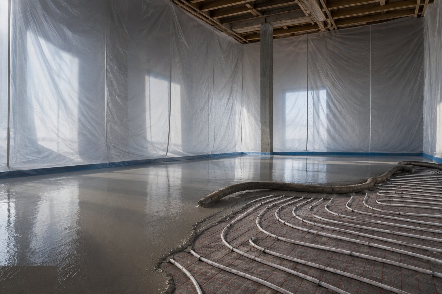 Protect the cure — no draughts, no sun, no water — Flowing (anhydrite/cement) screed, step 4