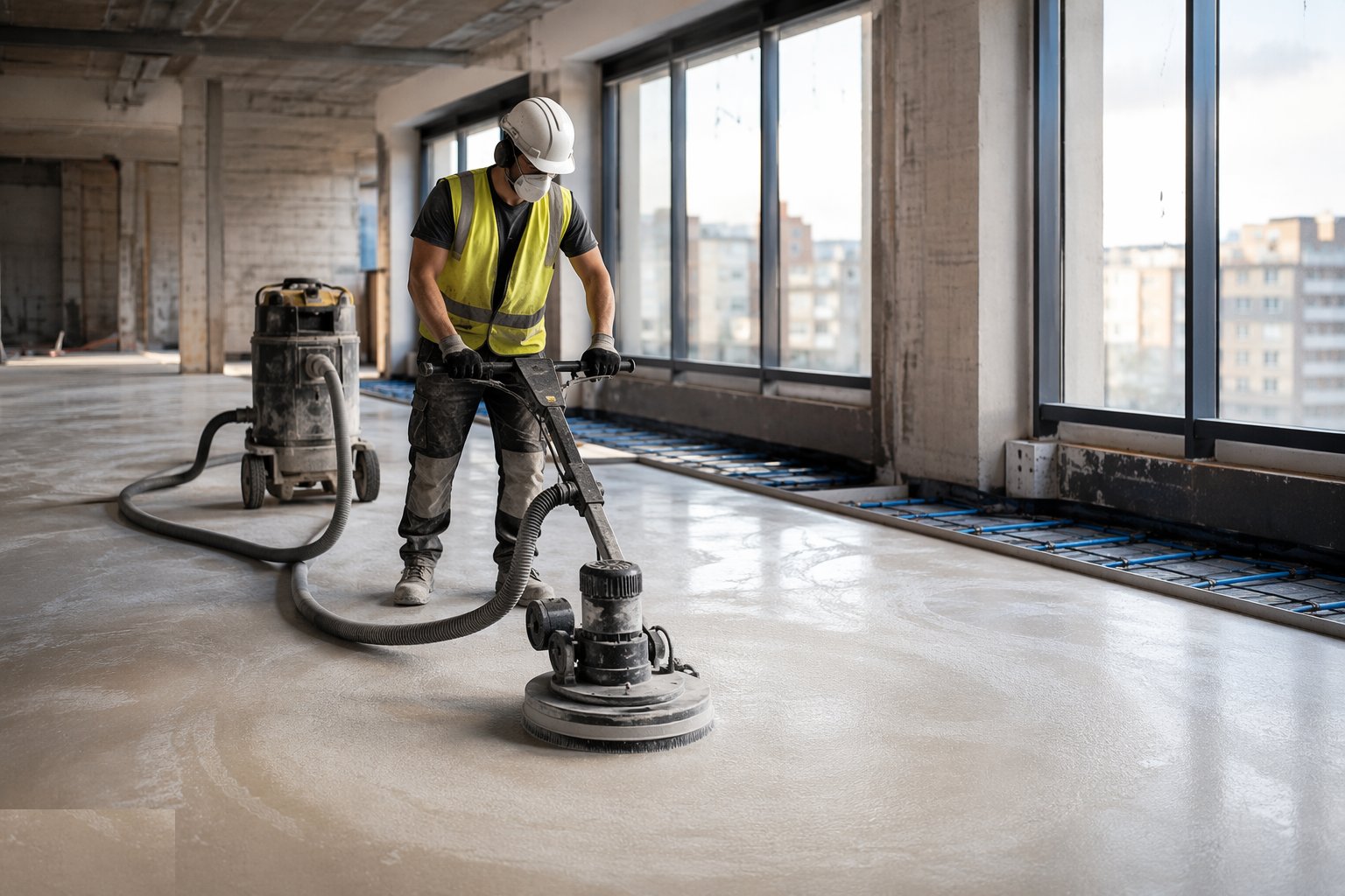Sand the laitance on anhydrite — Flowing (anhydrite/cement) screed, step 5