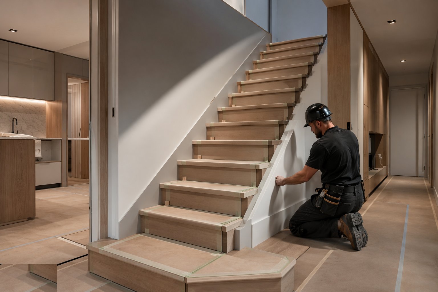 Install and protect the stairs — Joinery: stairs, kitchens, doors, step 2