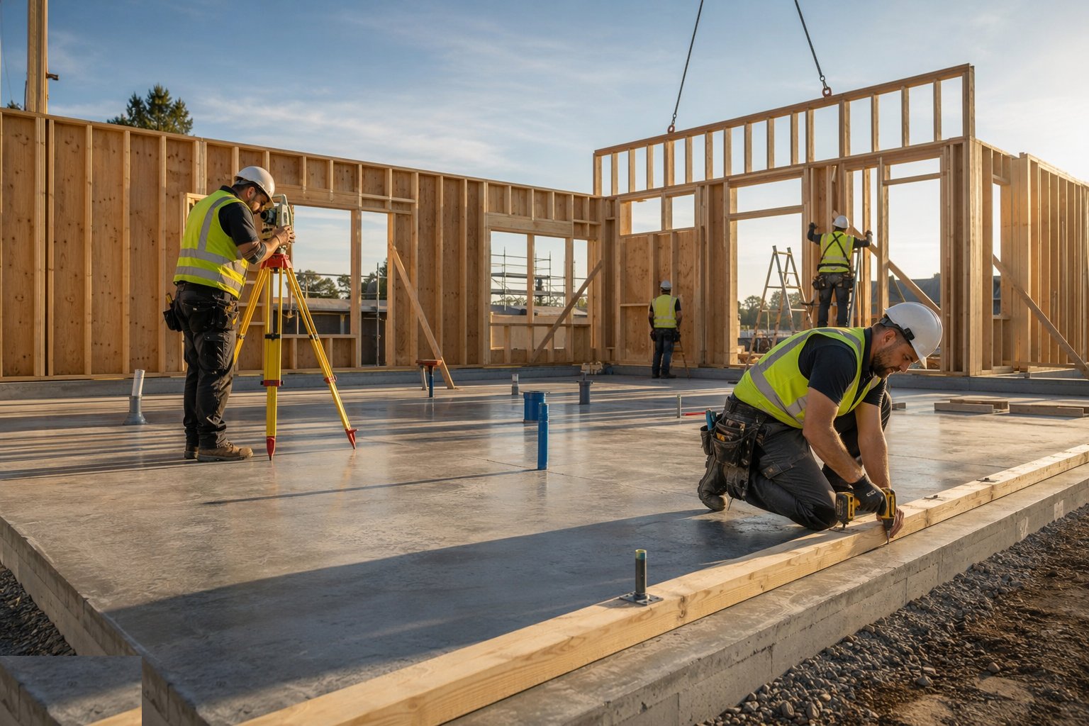 Verify the slab and fix the sole plate — Open-panel timber frame, step 1