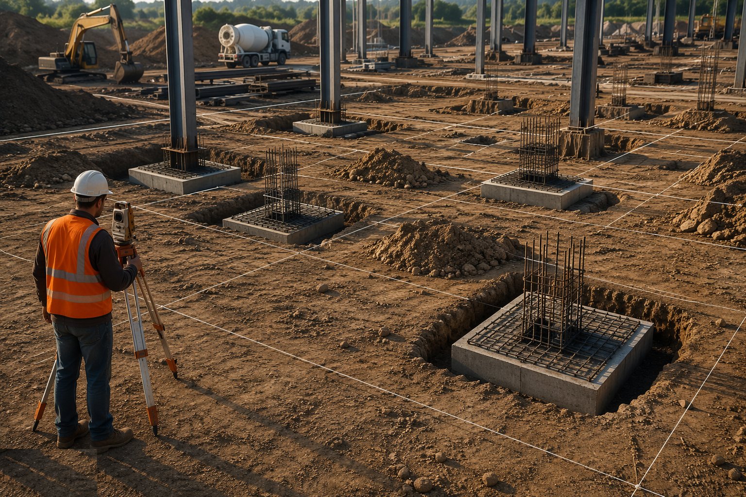 Set out each base from the grid — Pad foundations, step 1