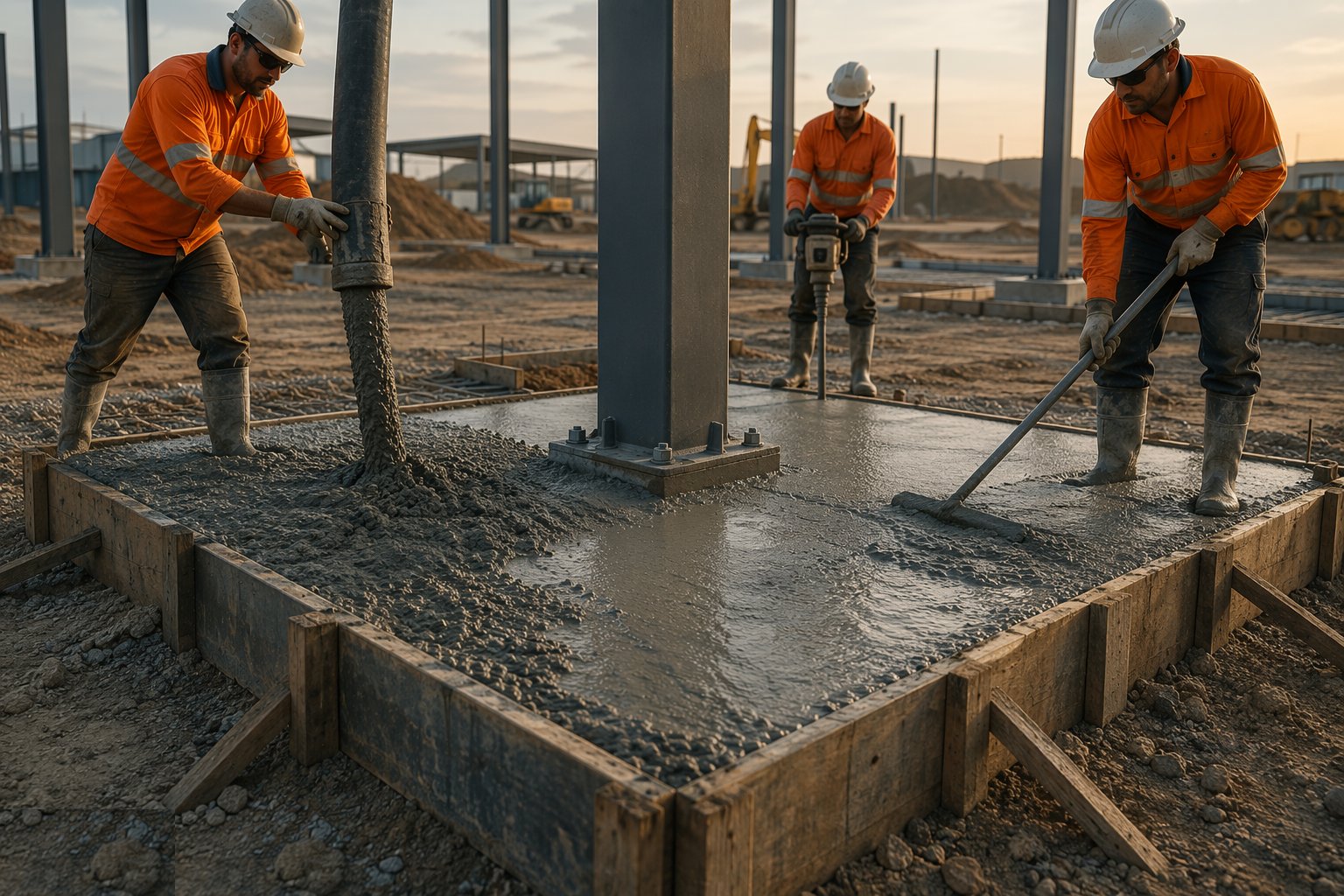 Pour, compact and finish to level — Pad foundations, step 4